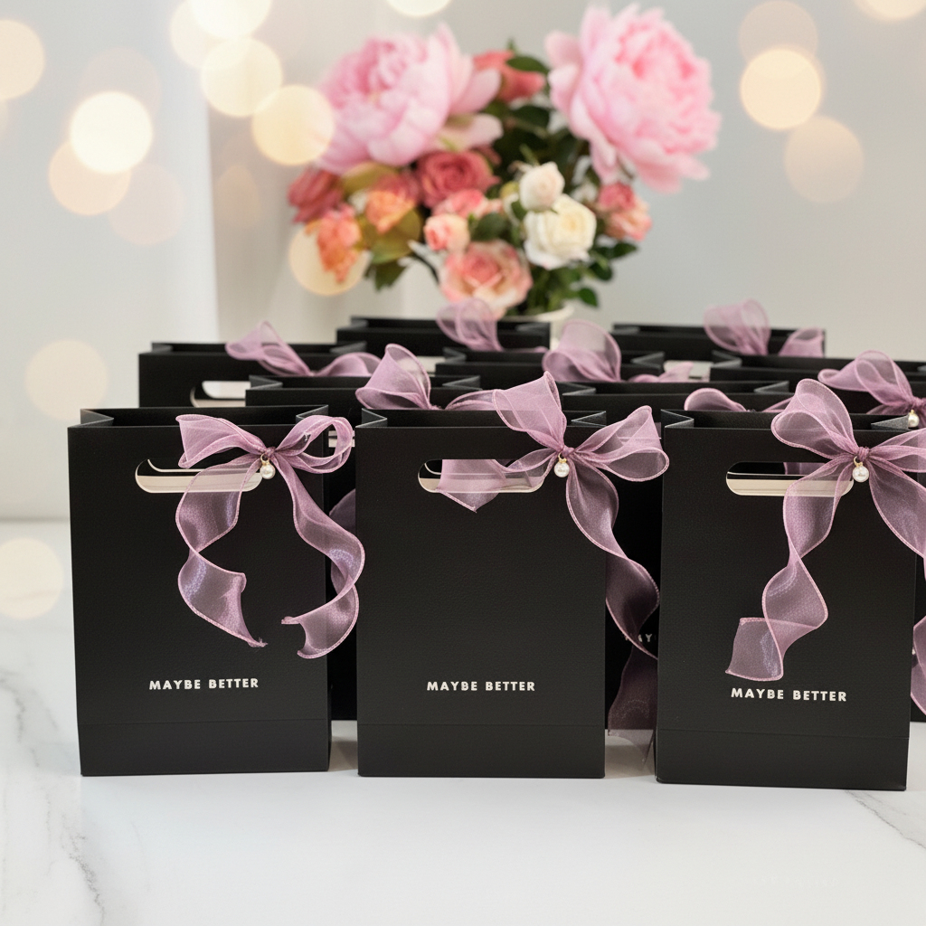 Elegant black gift bags with purple ribbon bows and pearl accents on marble surface